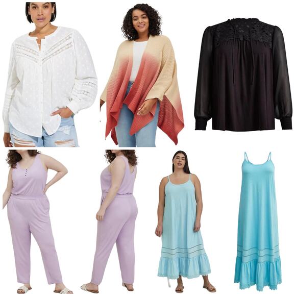 Torrid NWT 5 Piece Bundle Size 1X Ruana Wrap, Jumpsuit, 2 LS Tops, Maxi Dress - Picture 1 of 14